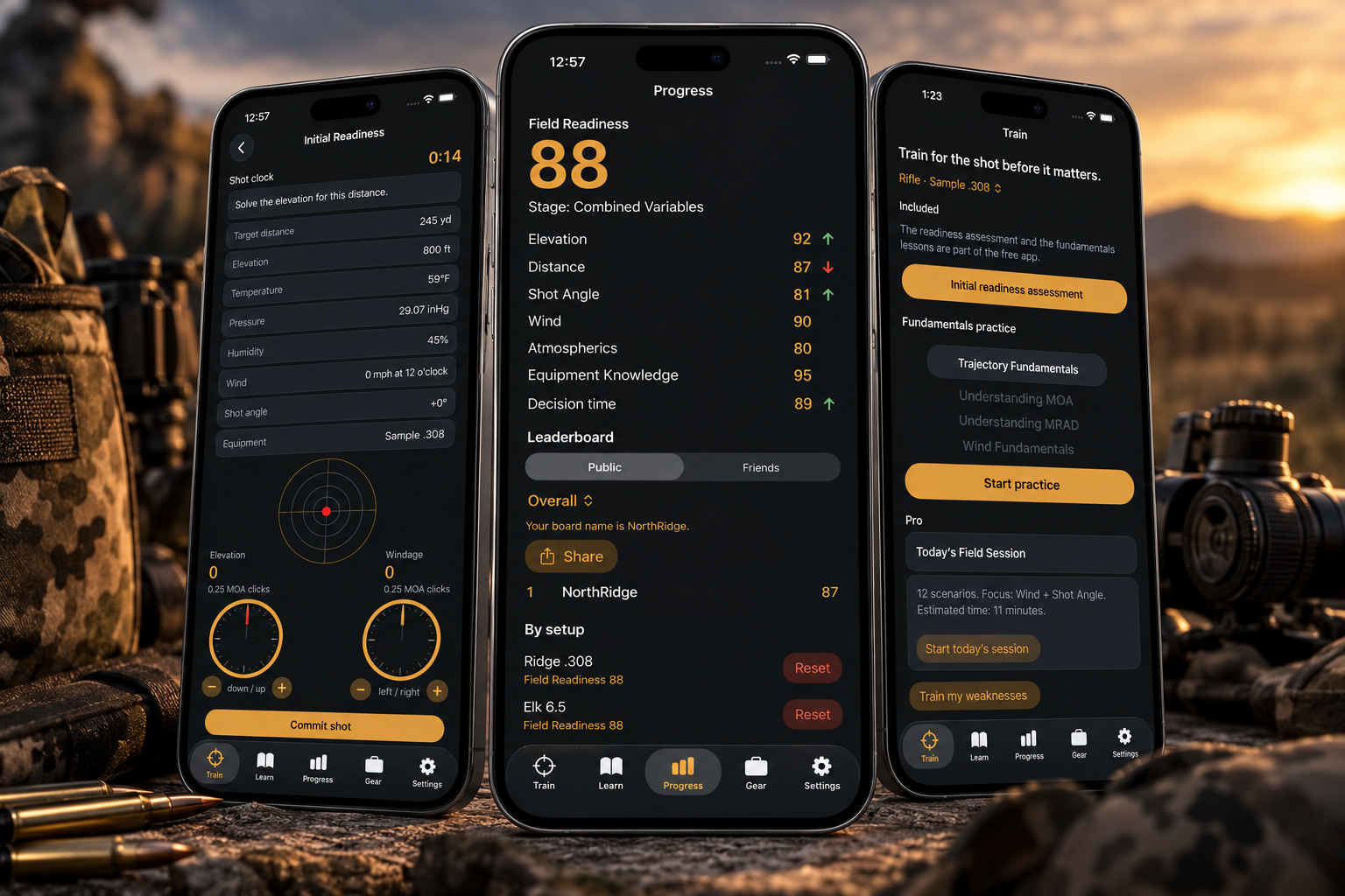 Three iPhones showing Shot Examiner train, progress, and readiness screens on a rifle range at sunset.