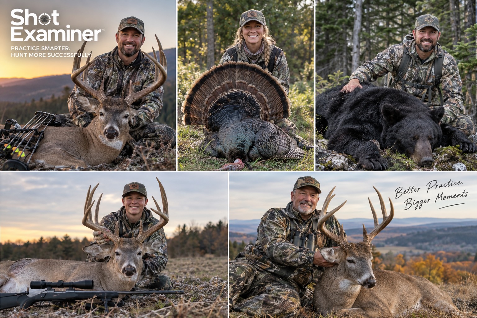 Hunters with deer, a wild turkey, and a black bear. Practice smarter. Hunt more successfully.